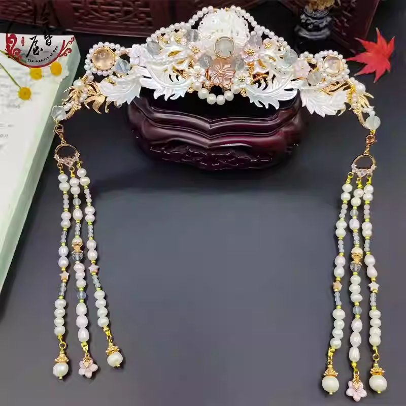 pearl hair crown with tassels