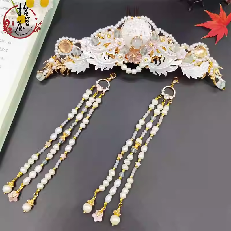 pearl hair crown with tassels